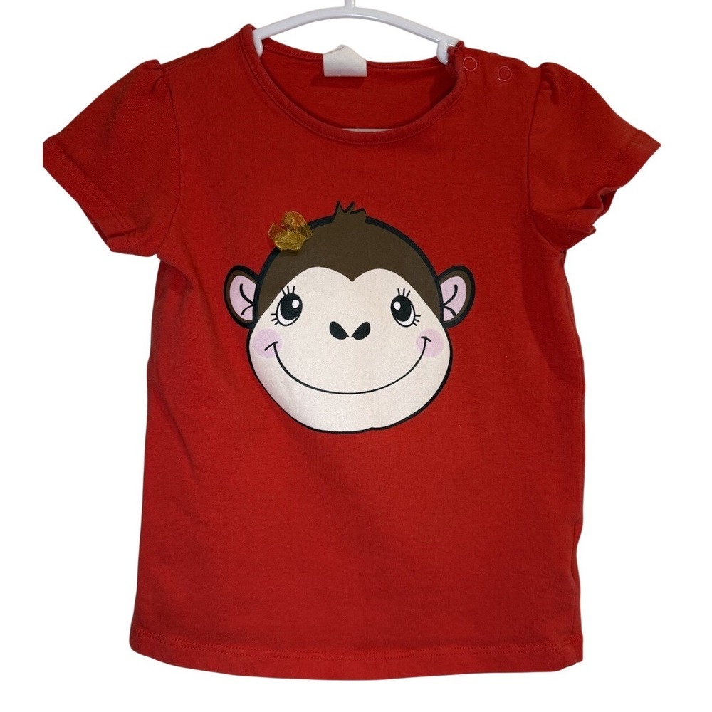 H&M Kids Girls Red Monkey Face Graphic T Shirt Top 9-12 Months